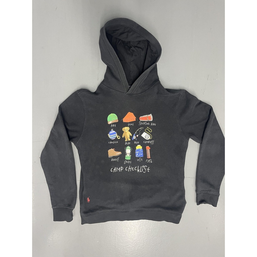 Polo Ralph Lauren Hoodie Boys XL 18-20 Black Camp Checklist Fleece Pullover